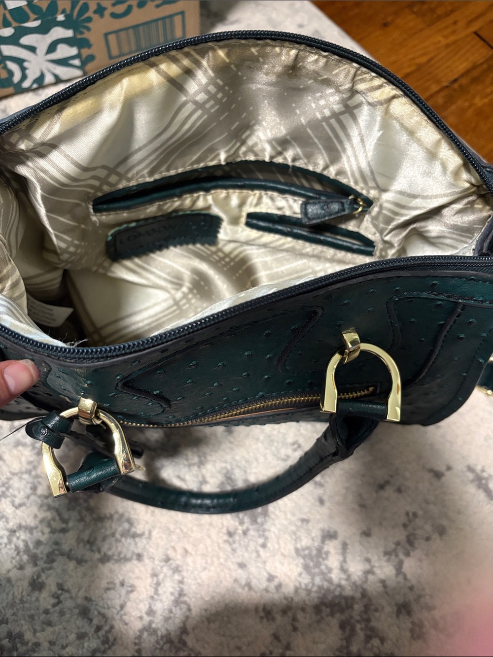 London Fog Dark Green Ostrich-Embossed Simulated Leather Satchel Handbag - Picture 7 of 12